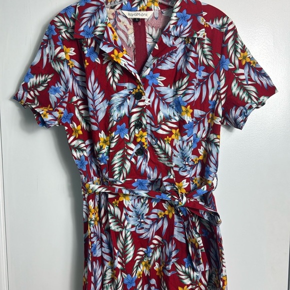 Royal Monk Red Tropical Print Floral Tie Front V Neck Midi Dress Size Large - Picture 3 of 13